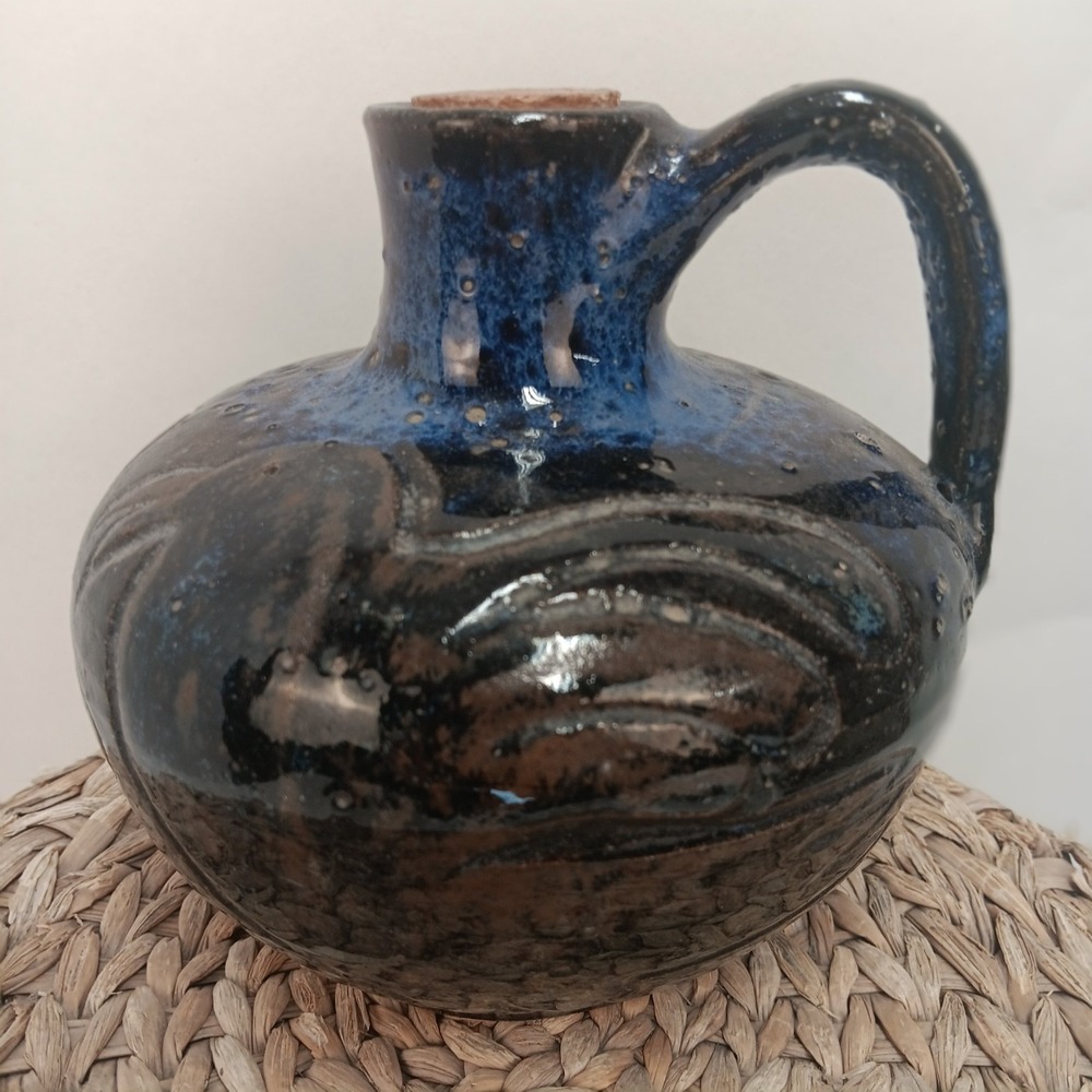 Studio Art Stoneware Jug w/one Handle ~ Etched with 2 Birds/a Flower ~ Cork Top